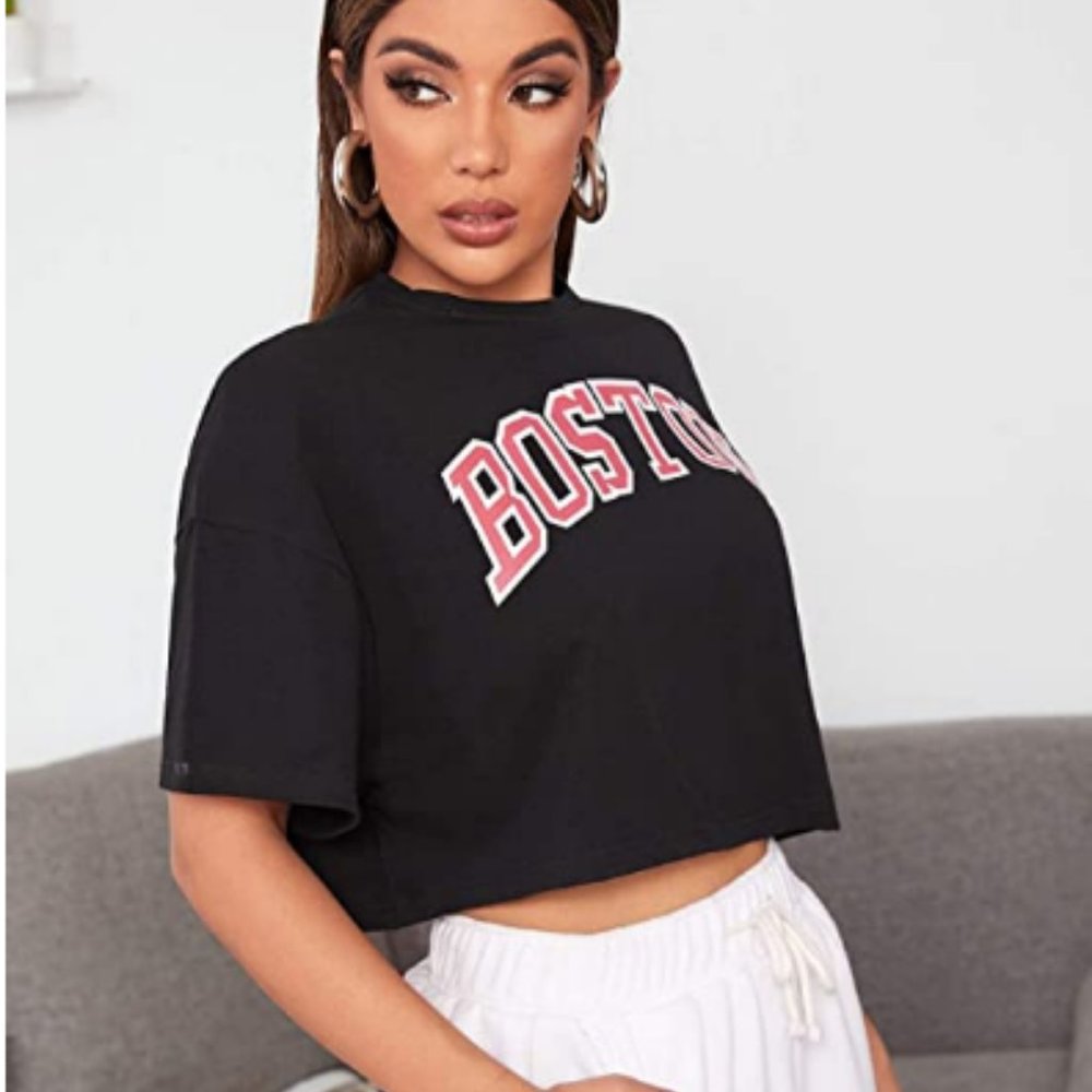 Womens Boston Logo Short Sleeve Crop Top T Shirt - Picture 2 of 4